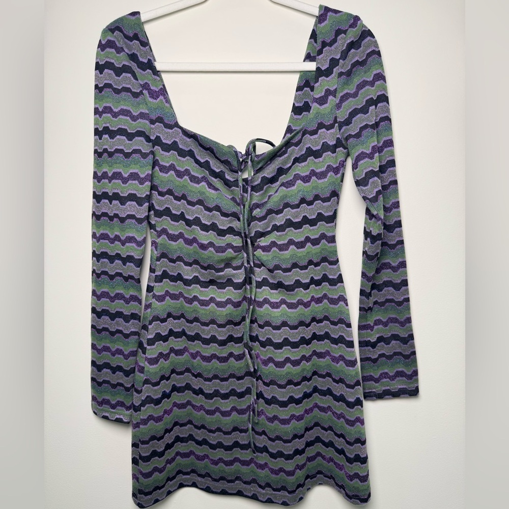 ZARA Retro Wave Knit Mini Dress – Green Purple – S – NWT